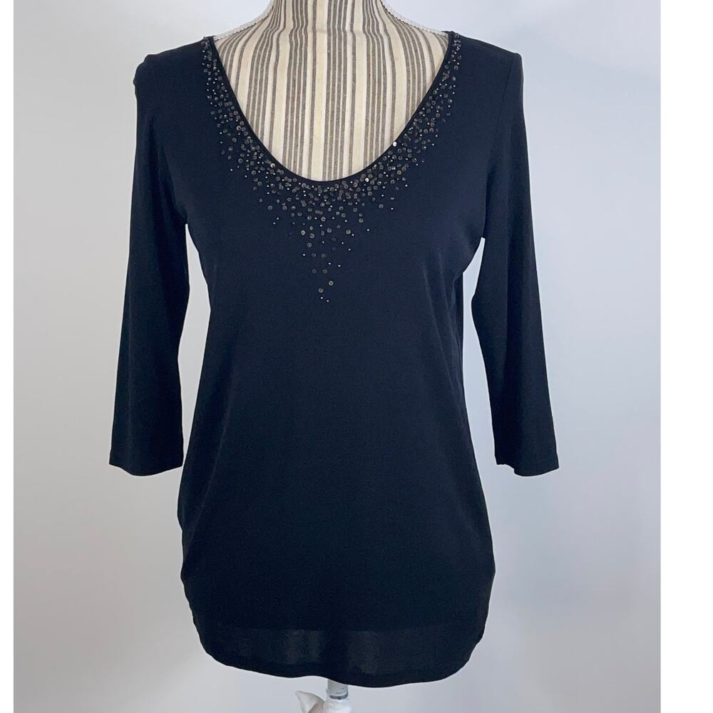 Eileen Fisher Black Embellished Neckline Pullover Silk Top Size Pet Small PS